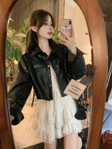 Real shot!  Korean lapel short long-sleeved PU leather jacket for women loose and versatile retro motorcycle jacket