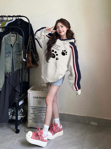 Non-pilling imitation cotton Chinese cotton composite milk silk 310g silver fox velvet 400g printed contrasting color hooded sweatshirt for women