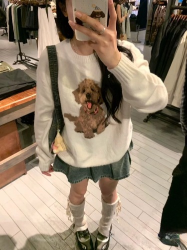 Fun and cute puppy jacquard pullover sweater for women, new autumn and winter Korean style soft waxy sweater top