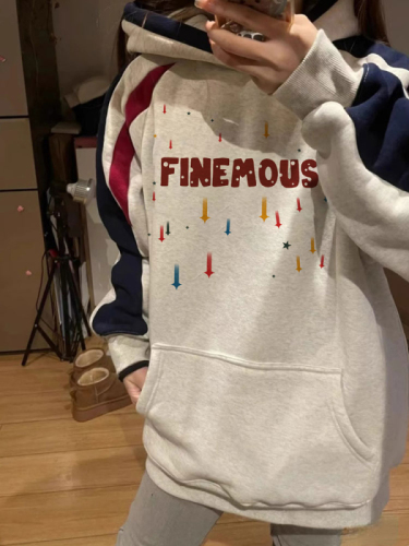 Non-pilling imitation cotton Chinese cotton composite milk silk 310g silver fox velvet 400g printed contrasting color hooded sweatshirt for women