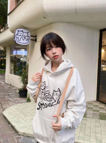 CVC cotton pasta wool Chinese cotton composite/milk silk 300g silver fox velvet 400g front printed hooded sweatshirt for women