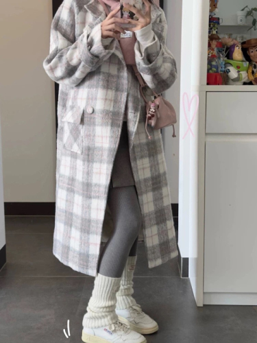 Korean style gray and pink plaid woolen 2024 winter new coat coat for women loose warm temperament top