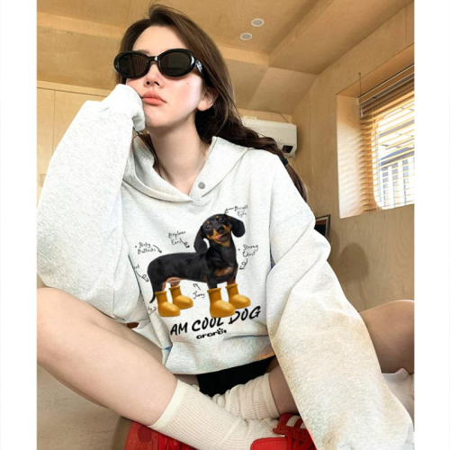 Heavy cotton/silver fox velvet double hat yellow shoe dog print sweatshirt