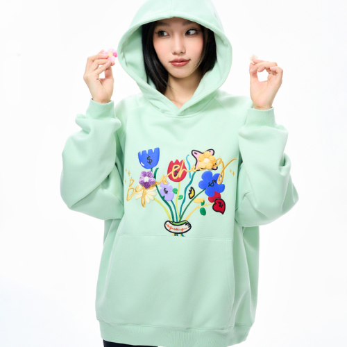 Heavy Chinese cotton/silver fox velvet double-layer hat floral pattern printed sweatshirt