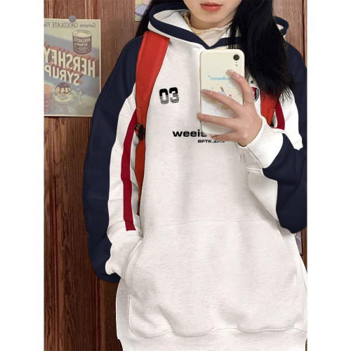 Non-pilling imitation cotton Chinese cotton composite milk silk 310g silver fox velvet 400g printed contrasting color hooded sweatshirt for women