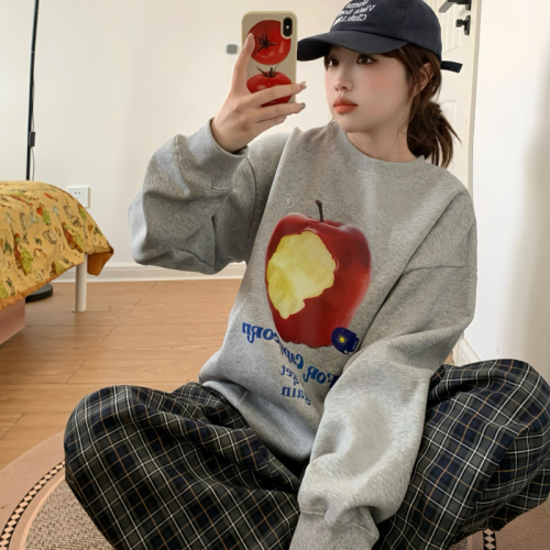 Heavy Chinese cotton/silver fox velvet bite apple print round neck sweatshirt for women