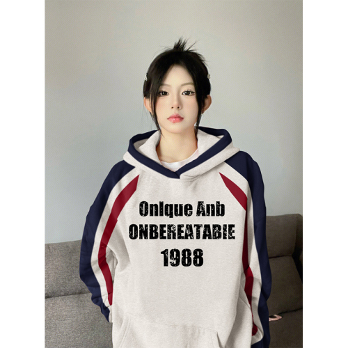 Non-pilling imitation cotton Chinese cotton composite milk silk 310g silver fox velvet 400g printed contrasting color hooded sweatshirt for women