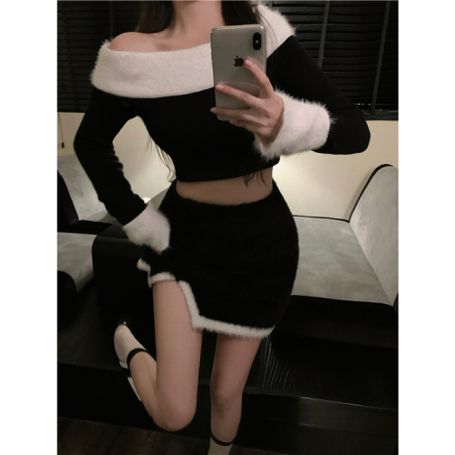 Real shot!  Pure sexy sexy one-shoulder long-sleeved sweater suit high-waist slimming hip-hugging short skirt