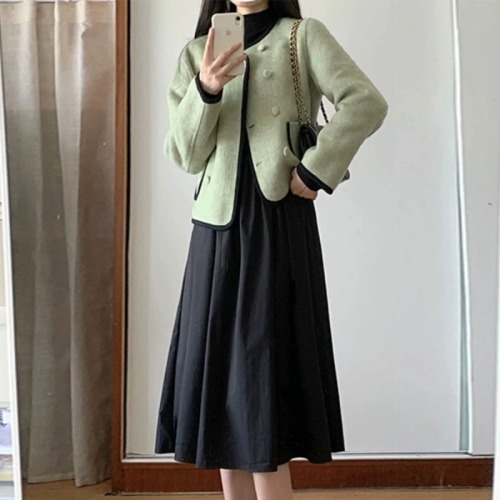 French style green small fragrance jacket for women in autumn and winter thickened woolen small high-end wool jacket