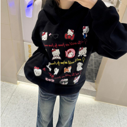 Heavy Chinese cotton/silver fox velvet double layer hat Hello Kitty printed sweatshirt for women