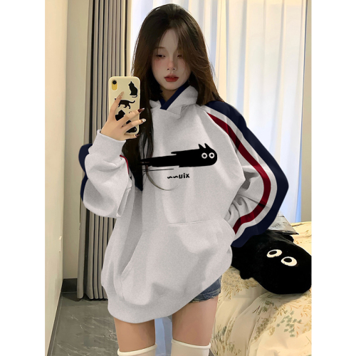 Non-pilling imitation cotton Chinese cotton composite milk silk 310g silver fox velvet 400g printed contrasting color hooded sweatshirt for women