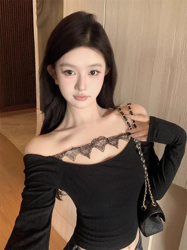 40 Count 210g 92 Cotton 8 Ammonium Sweet Hot Girl One Shoulder Lace Long Sleeve T-shirt Women's Autumn Slim Short Top