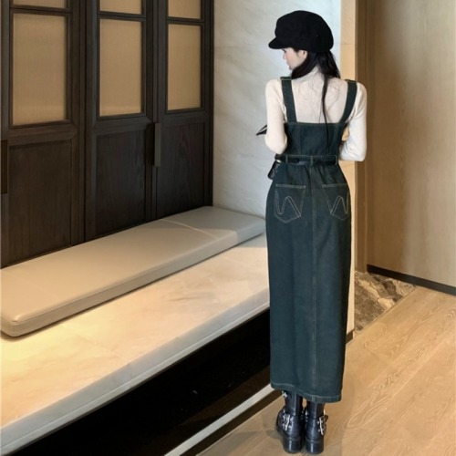 Real shot!  Korean style design slit waist mid-length suspender skirt autumn single-breasted skirt