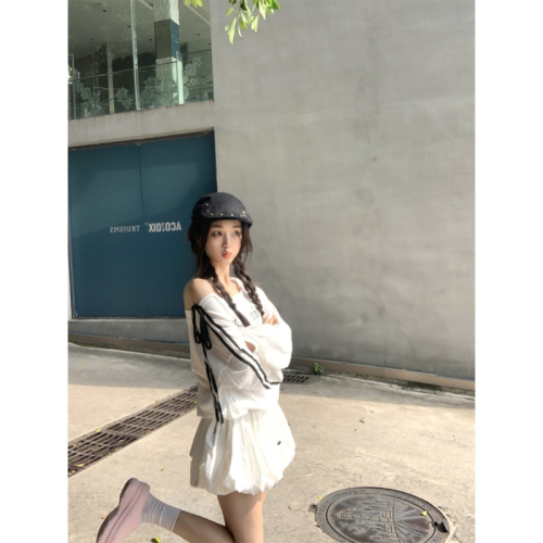 Hot girl oblique shoulder striped bow dress for small women with letter bud skirt sweatshirt dress