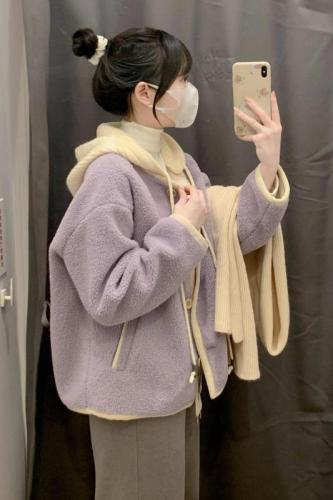 European style small fragrance purple hooded lamb velvet fur one-piece furry plus velvet thick coat women's polar fleece