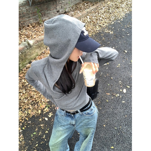 Threaded velvet gray V-neck cross hooded long-sleeved T-shirt autumn American design slim top