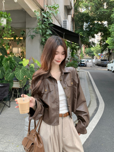 Real shot!  Korean lapel short long-sleeved PU leather jacket for women loose and versatile retro motorcycle jacket