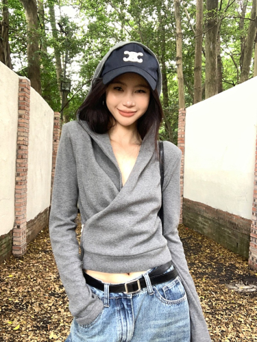 Threaded velvet gray V-neck cross hooded long-sleeved T-shirt autumn American design slim top