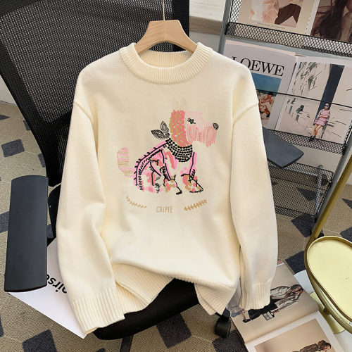 Real shot of 2024 autumn and winter new loose round neck long sleeve knitted printed sweater