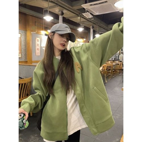 Spring and Autumn Thin Green Towel Embroidered Letter Jacket Baseball Uniform Spring and Autumn Zipper Loose College Style Jacket for Women