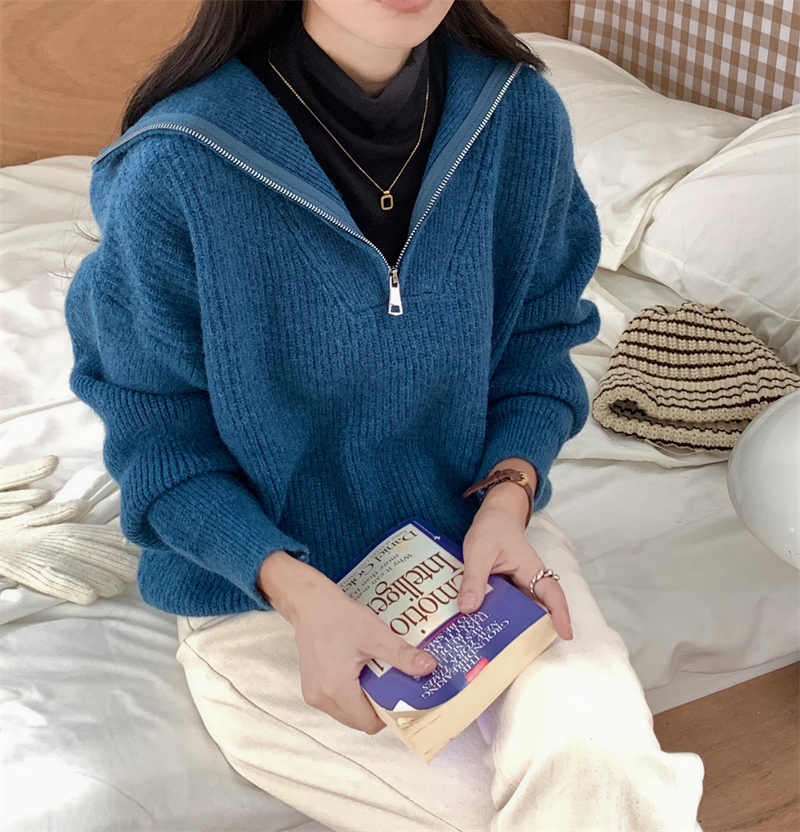 實拍 韓版復古半拉鏈高領毛衣女秋冬新款設計寬鬆慵懶外穿針織衫