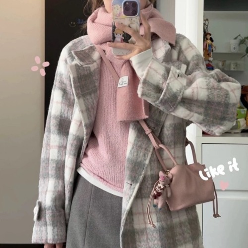 Korean style gray and pink plaid woolen 2024 winter new coat coat for women loose warm temperament top