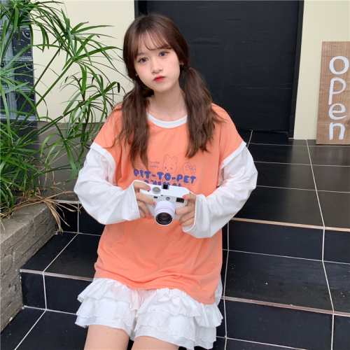 Real shot of 6535 cotton long-sleeved T-shirt female student class uniform bestie outfit 2024 spring new style contrasting color