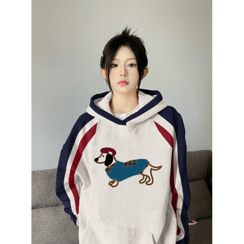 Non-pilling imitation cotton Chinese cotton composite milk silk 310g silver fox velvet 400g printed contrasting color hooded sweatshirt for women