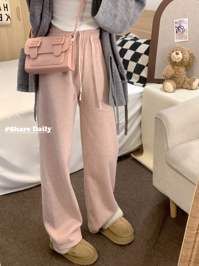 Women's Korean Style High-Waisted Slimming Elastic Waist Wide Leg Straight Tube Floor-Length Pants