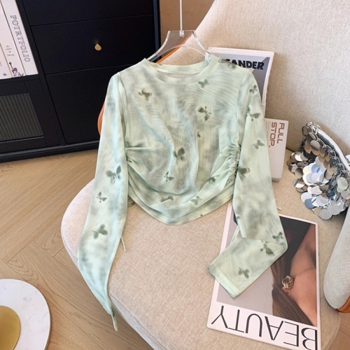 Real shot Guangzhou fabric butterfly print long-sleeved sun protection T-shirt women's summer thin suspender top blouse