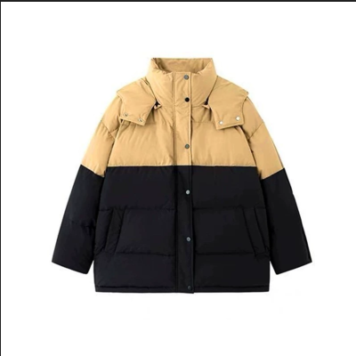 Korean small person contrasting color bread coat cotton coat women's winter lazy style loose design hooded down jacket