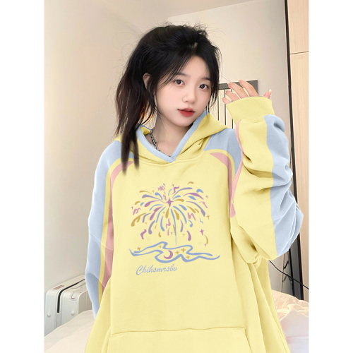 Non-pilling imitation cotton Chinese cotton composite milk silk 310g silver fox velvet 400g printed contrasting color hooded sweatshirt for women