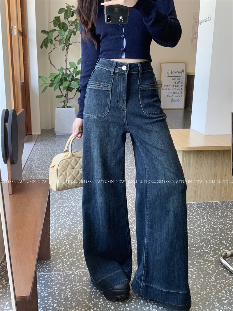 實拍~新款復古水洗高腰彈力微喇叭牛仔闊腿拖地長褲女