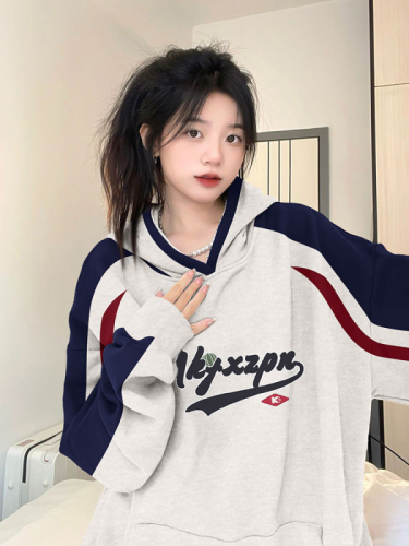 Non-pilling imitation cotton Chinese cotton composite milk silk 310g silver fox velvet 400g printed contrasting color hooded sweatshirt for women