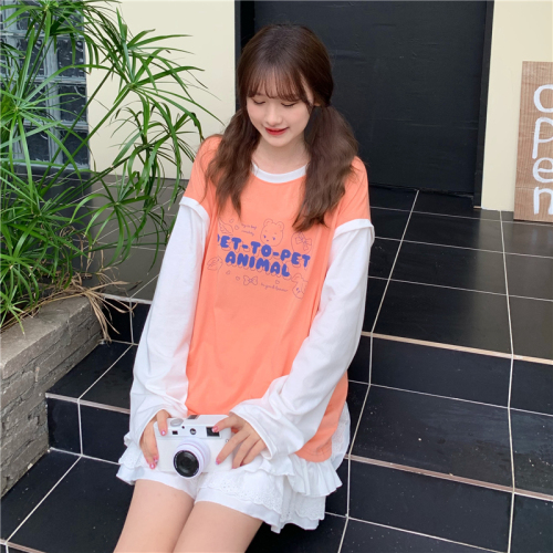 Real shot of 6535 cotton long-sleeved T-shirt female student class uniform bestie outfit 2024 spring new style contrasting color