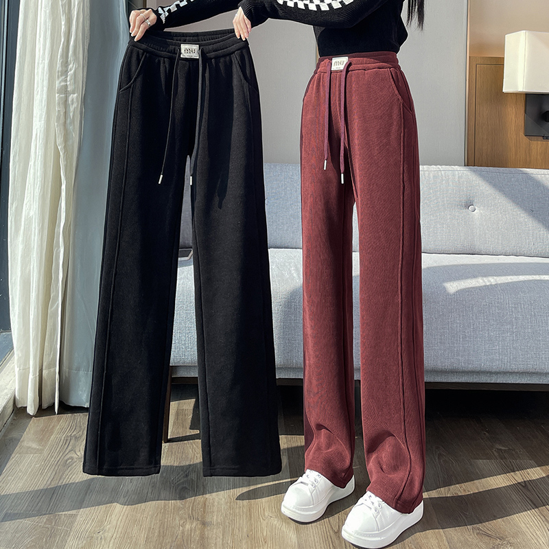 Narrow Stripe Chenille Wide Leg Pants Women 2024 New Autumn and Winter Thickened Fleece Women's Pants Casual Straight Pants 