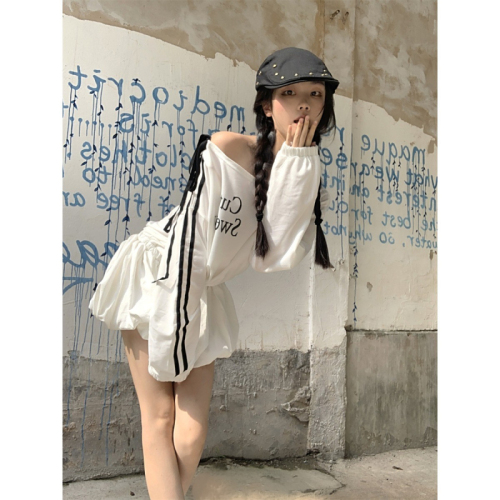 Hot girl oblique shoulder striped bow dress for small women with letter bud skirt sweatshirt dress