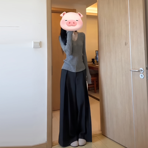 Grey Crew Neck Knit Top Long Sleeve Women's Fitted Thin Base Layer Shirt Korean Style Early Autumn Outfit