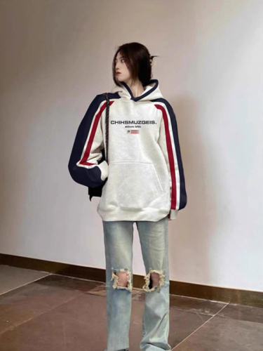 Non-pilling imitation cotton Chinese cotton composite milk silk 310g silver fox velvet 400g printed contrasting color hooded sweatshirt for women