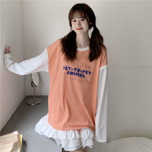 Real shot of 6535 cotton long-sleeved T-shirt female student class uniform bestie outfit 2024 spring new style contrasting color