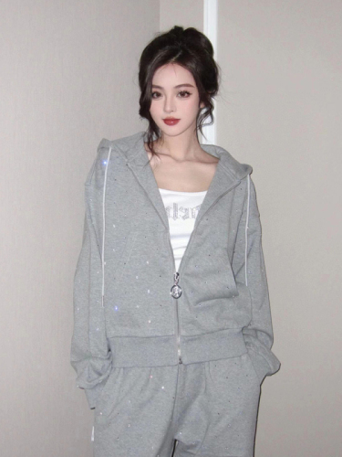 741 diamond high-end gray casual sportswear suit women's autumn and winter slim hooded sweatshirt two-piece set