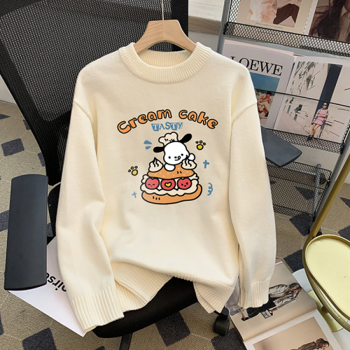 Real shot of 2024 autumn and winter new loose round neck long sleeve knitted printed sweater