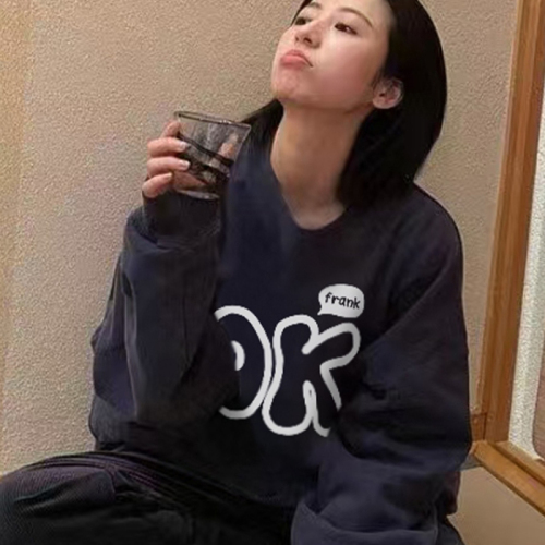 Heavy Chinese cotton/silver fox velvet ok letter pattern printed round neck sweatshirt for women