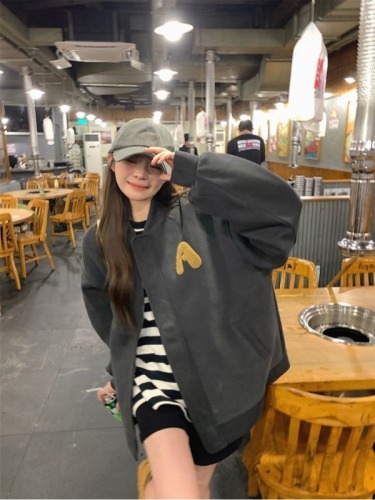 Spring and Autumn Thin Green Towel Embroidered Letter Jacket Baseball Uniform Spring and Autumn Zipper Loose College Style Jacket for Women