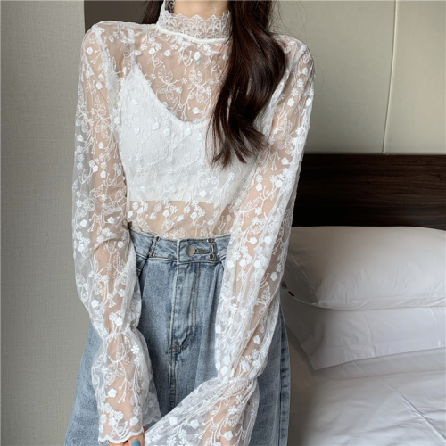 Actual shot of the new lace bottoming shirt for women with long sleeves, autumn style, Korean style, versatile mesh and hollow