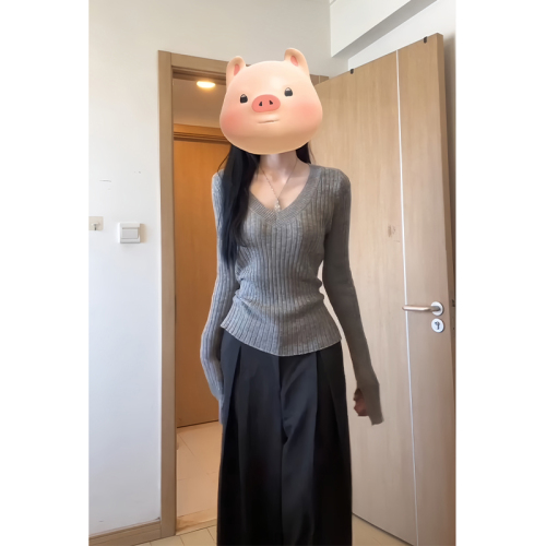 Grey Crew Neck Knit Top Long Sleeve Women's Fitted Thin Base Layer Shirt Korean Style Early Autumn Outfit