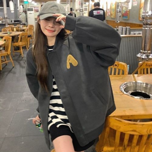 Spring and Autumn Thin Green Towel Embroidered Letter Jacket Baseball Uniform Spring and Autumn Zipper Loose College Style Jacket for Women