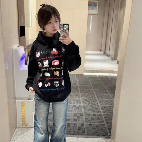 Heavy Chinese cotton/silver fox velvet double layer hat Hello Kitty printed sweatshirt for women