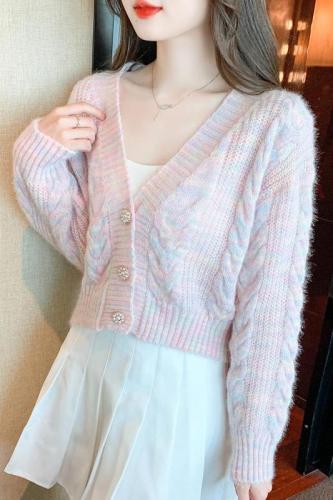 Shipped 2024 Autumn V-neck Single Button Long Sleeve Rainbow Knit Sweater for Women's Outerwear