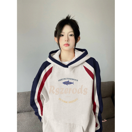 Non-pilling imitation cotton Chinese cotton composite milk silk 310g silver fox velvet 400g printed contrasting color hooded sweatshirt for women